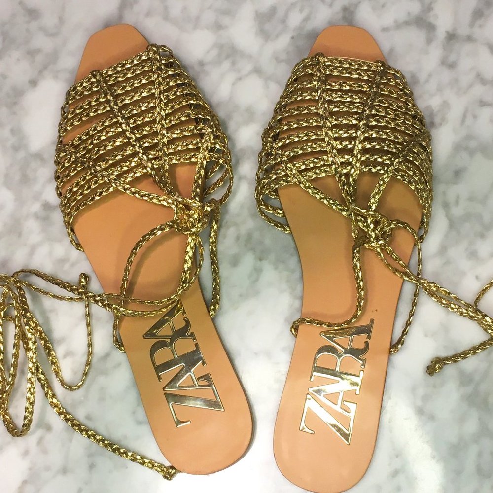 Zara Gold Woven Falt Sandals (EU 40, fits like US 8.5)